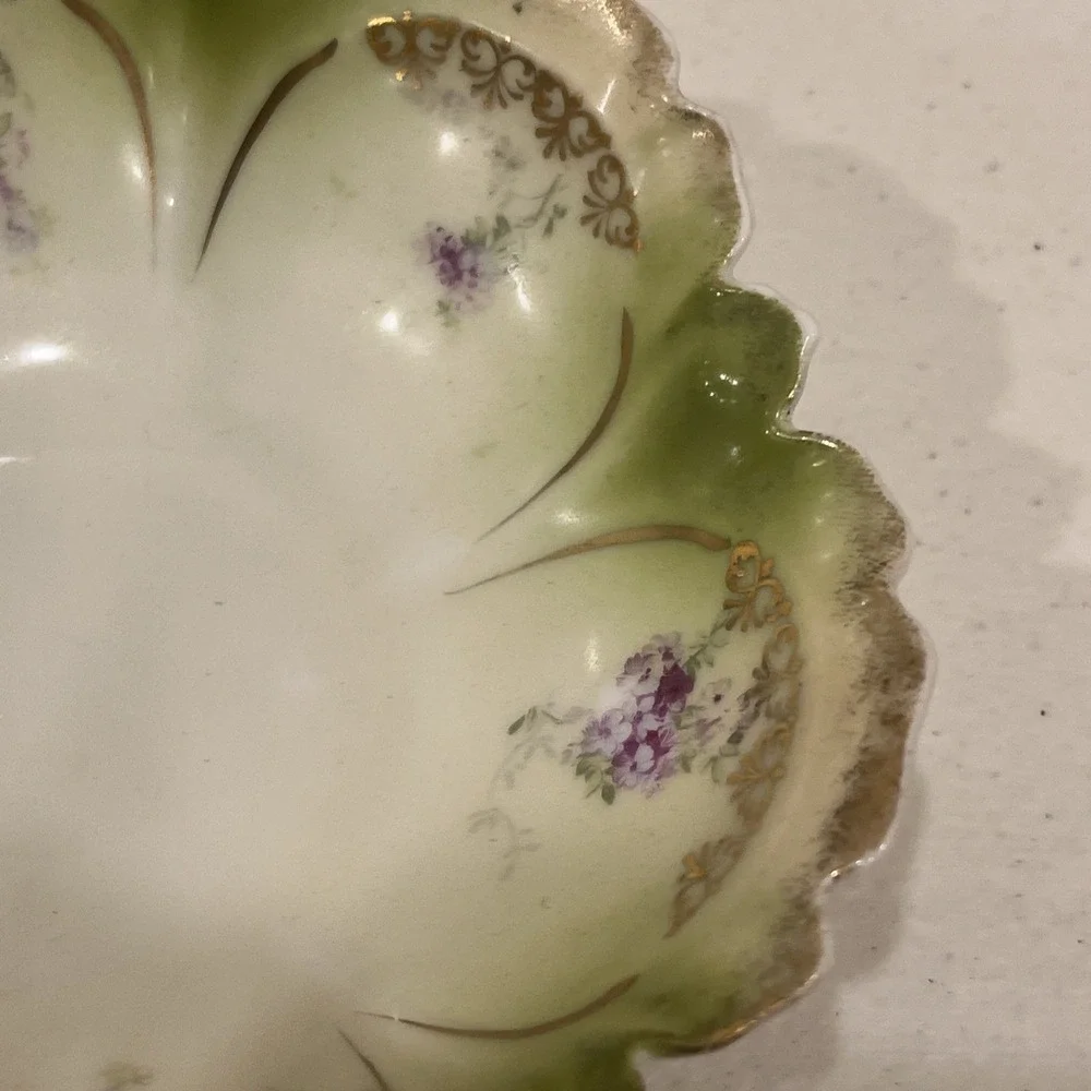 Vintage Porcelain RS Prussia  Berry Bowl Green, Pink Gold Trim 5